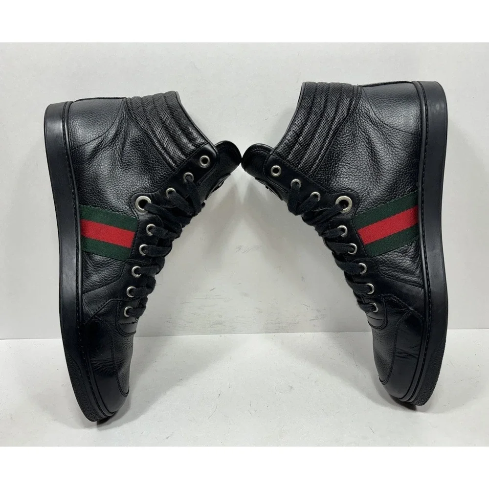 Gucci Web High Sneakers GG Black Leather High Top Men's Size 10 US / 9 G Shoes‎